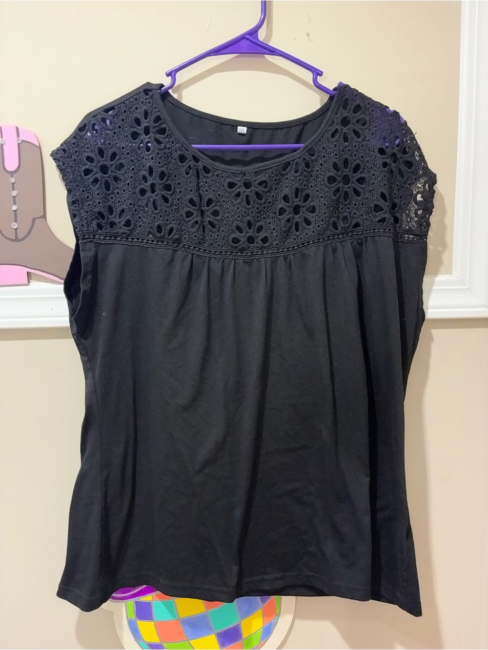 Amazon Black Crochet Yoke Cap Sleeve Top